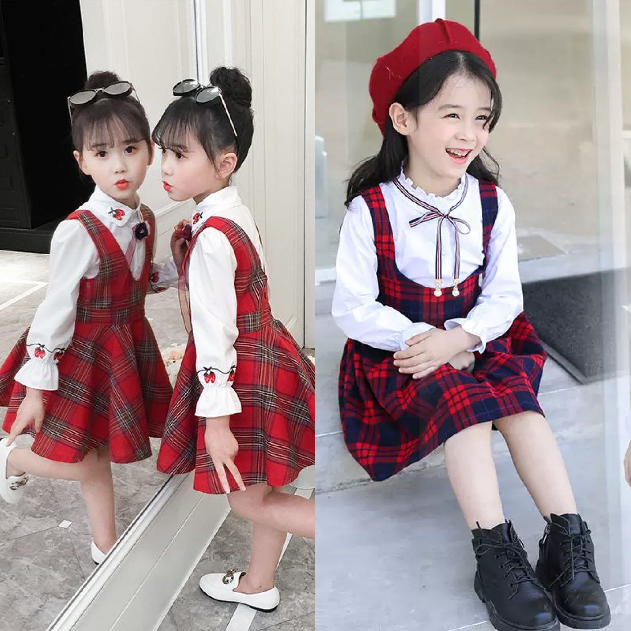 ชุดเอี๊ยม ลายสก๊อต สีแดง พร้อมเสื้อแขนยาว สินค้าเข้าประมาณ 5/12/22