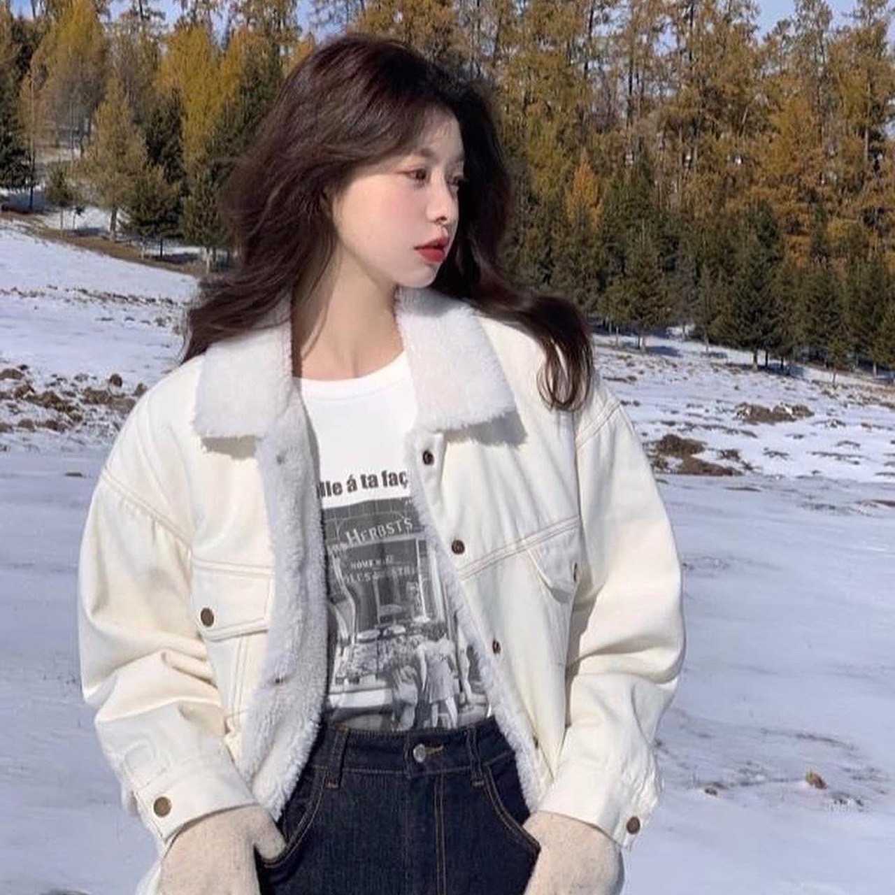 jacket ยีนส์สีขาวบุขนกันหนาว