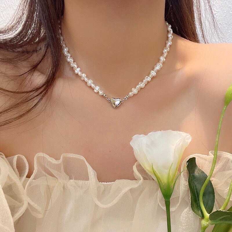 A037 สร้อยหินมุก จี้หัวใจเงิน