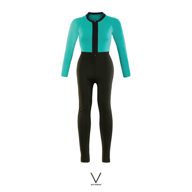 SS2023 GREEN & BLACK  UV JUMPSUIT ชุดว่ายน้ำ แขนยาวขายาว มีฟองน้ำในตัวผ้าหนา กัน UV UPF 50+
