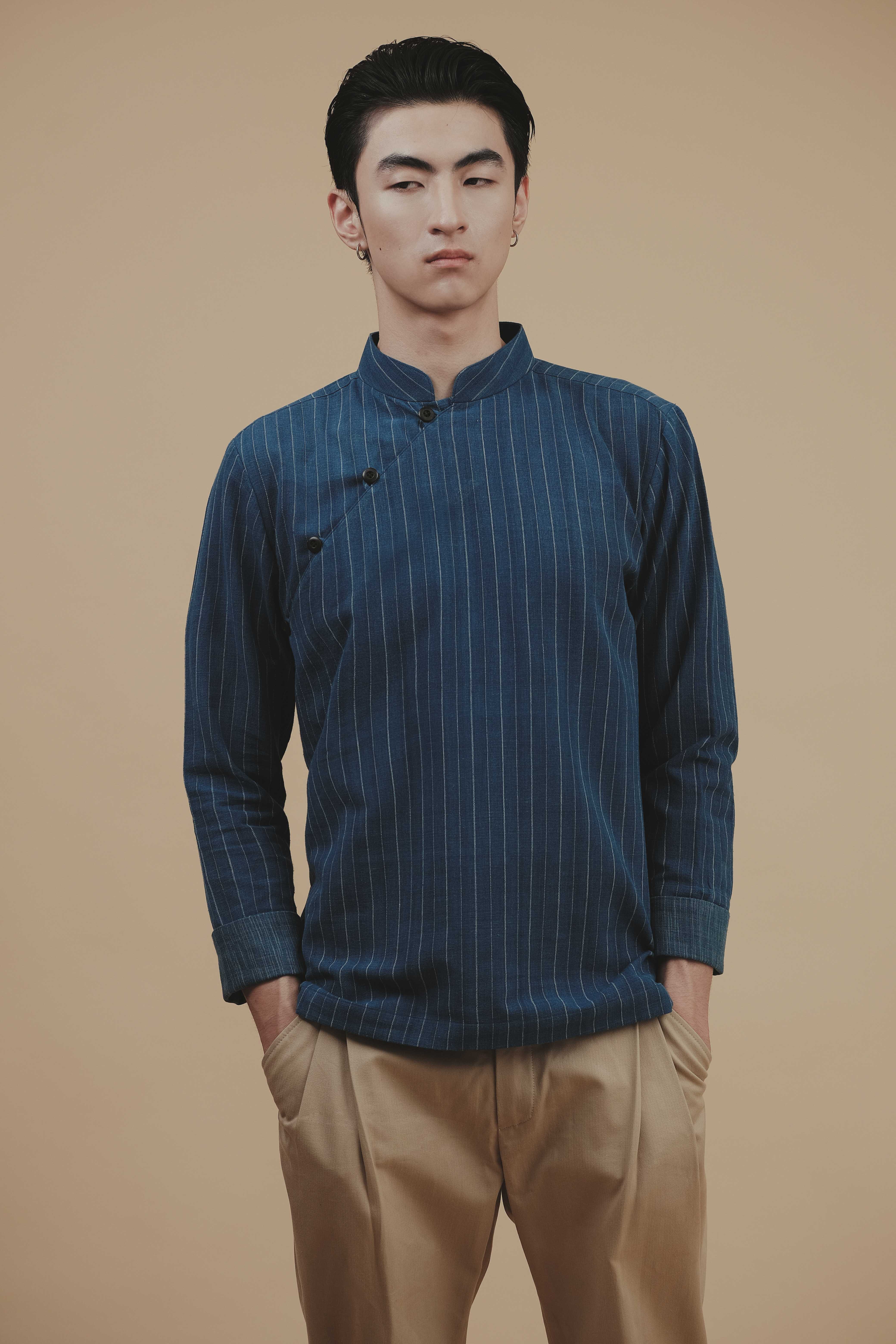 HANFU เสื้อคอจีนแขน SHIRT ผ้าฝ้ายทอมือย้อมสีครามธรรมชาติลายทาง