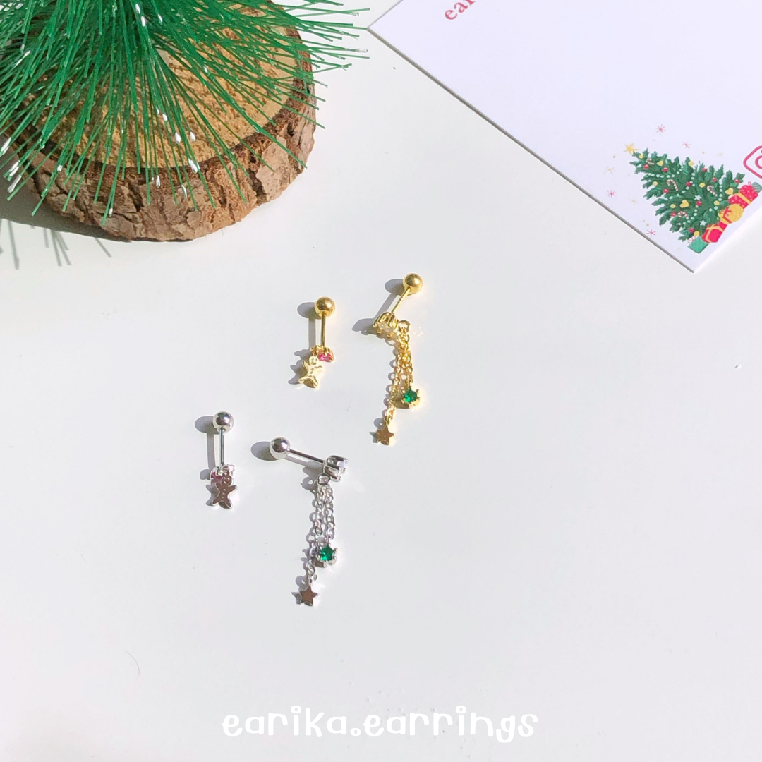 earika.earrings - gingerbread piercing จิวหูขนมปังขิงประดับเพชรเงินแท้ เหมาะสำหรับคนแพ้ง่าย