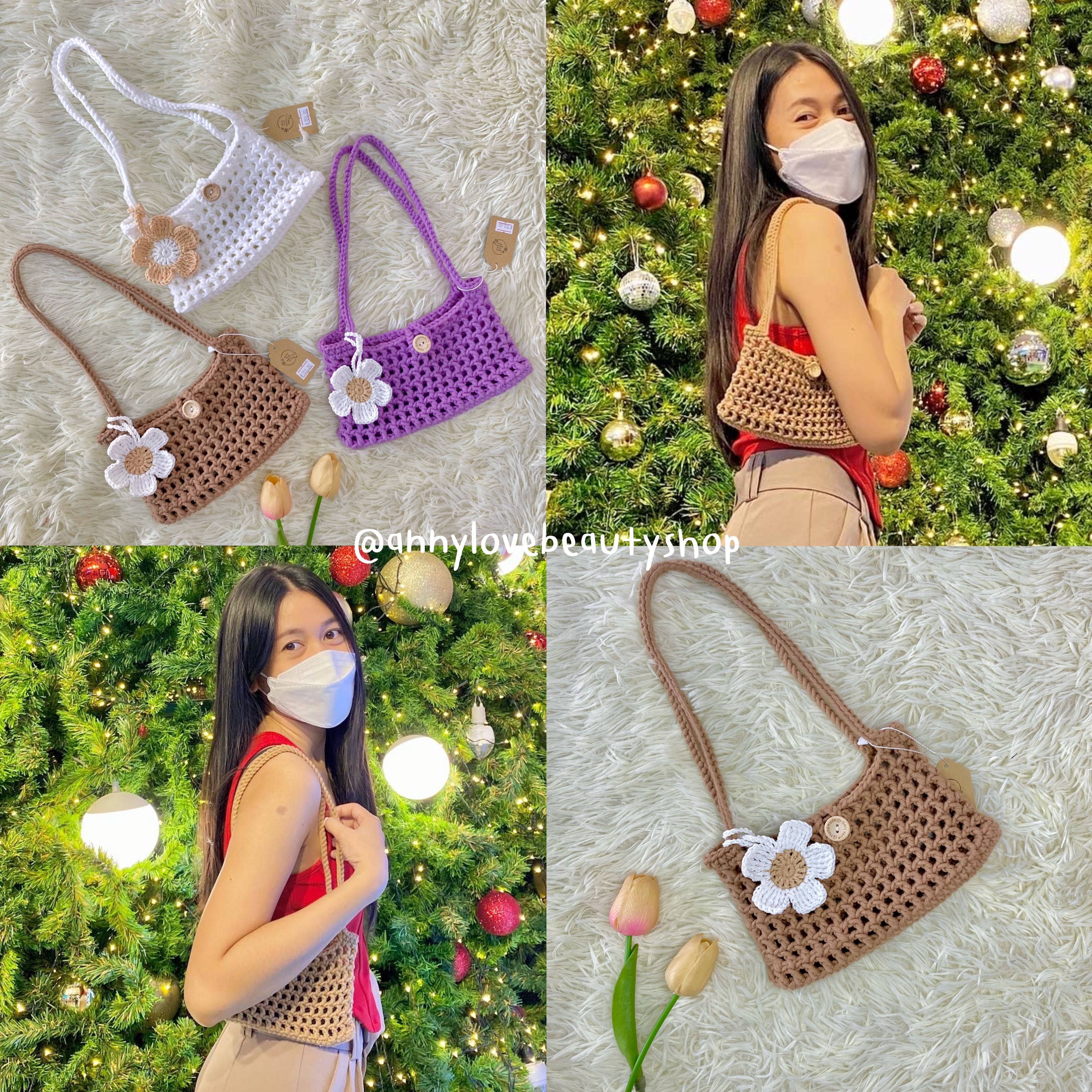 Handmade🧶 กระเป๋าสะพายไหล่ ถักไหมพรมคอตตอนเส้นใหญ่