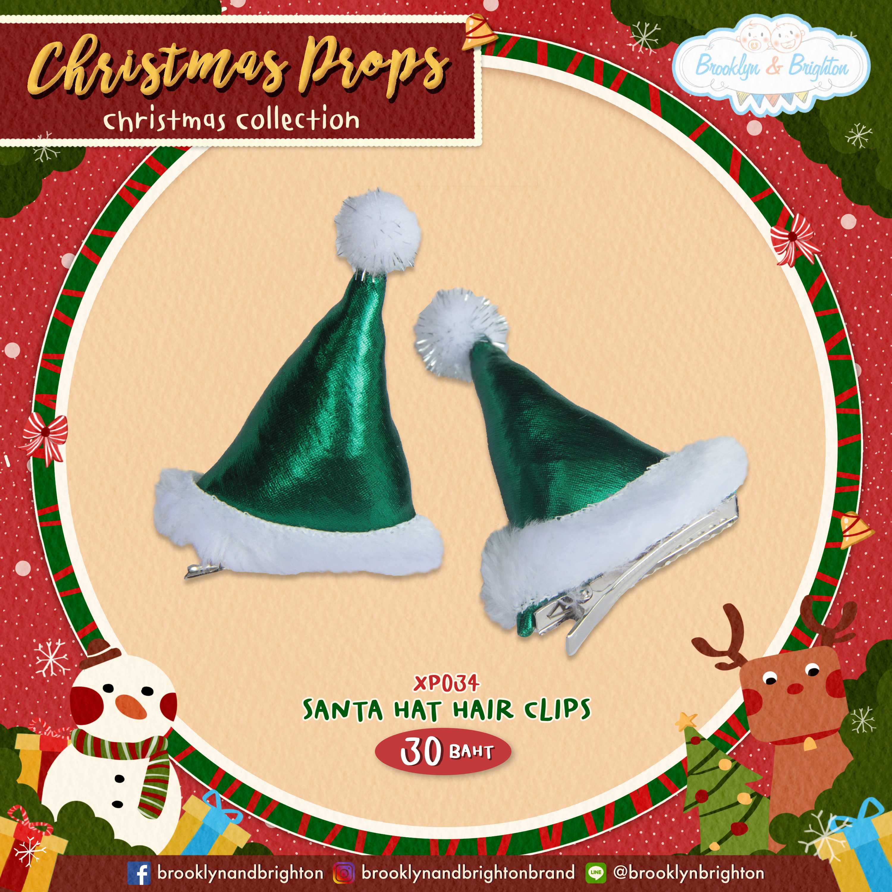 Christmast Props - Santa Hat Hair Clips กิ๊บติดผมหมวกคริสต์มาสสีเขียว พร็อพคริสต์มาส - XP034