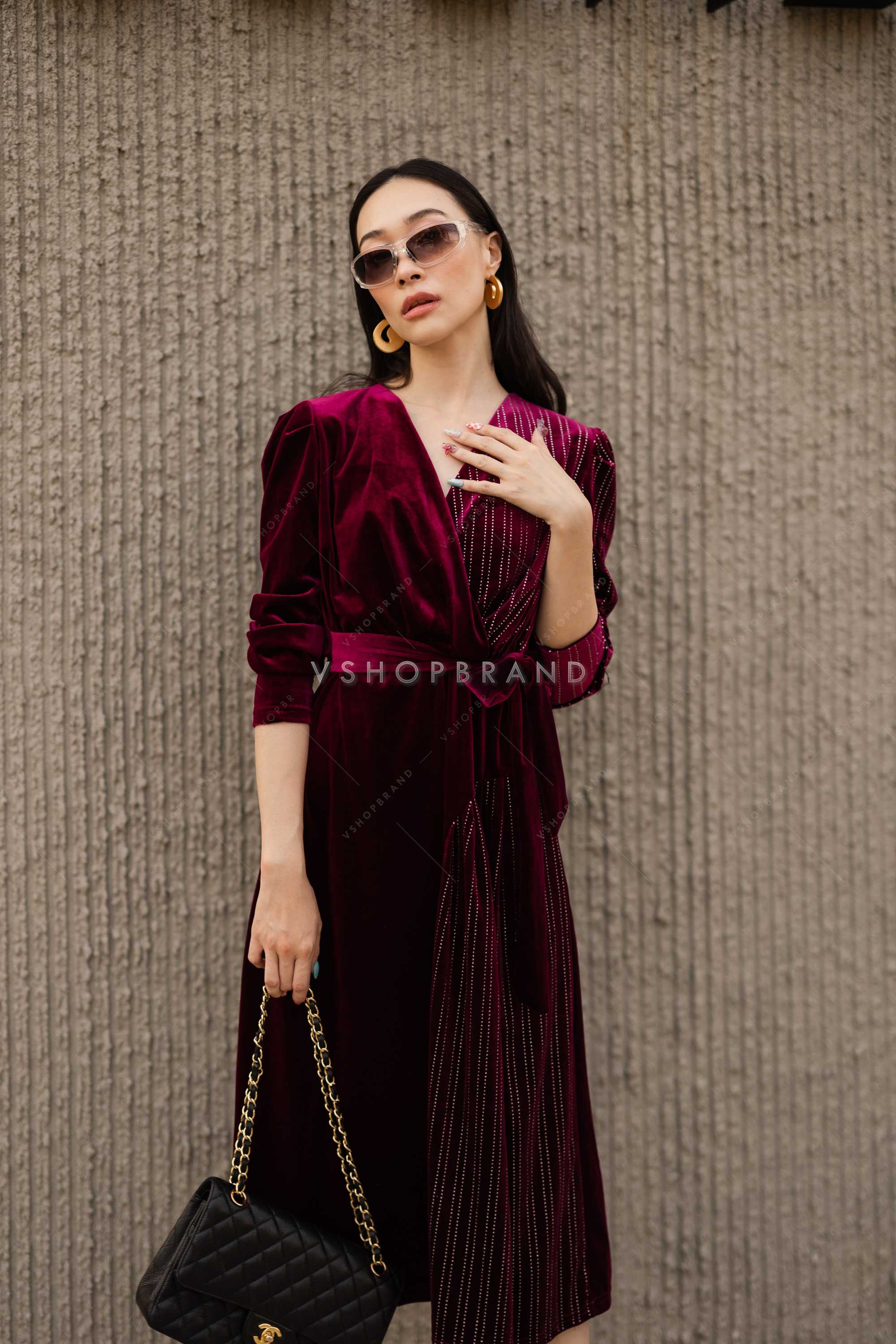 เดรสกำมะหยี่ Maxi Burgundy Dress