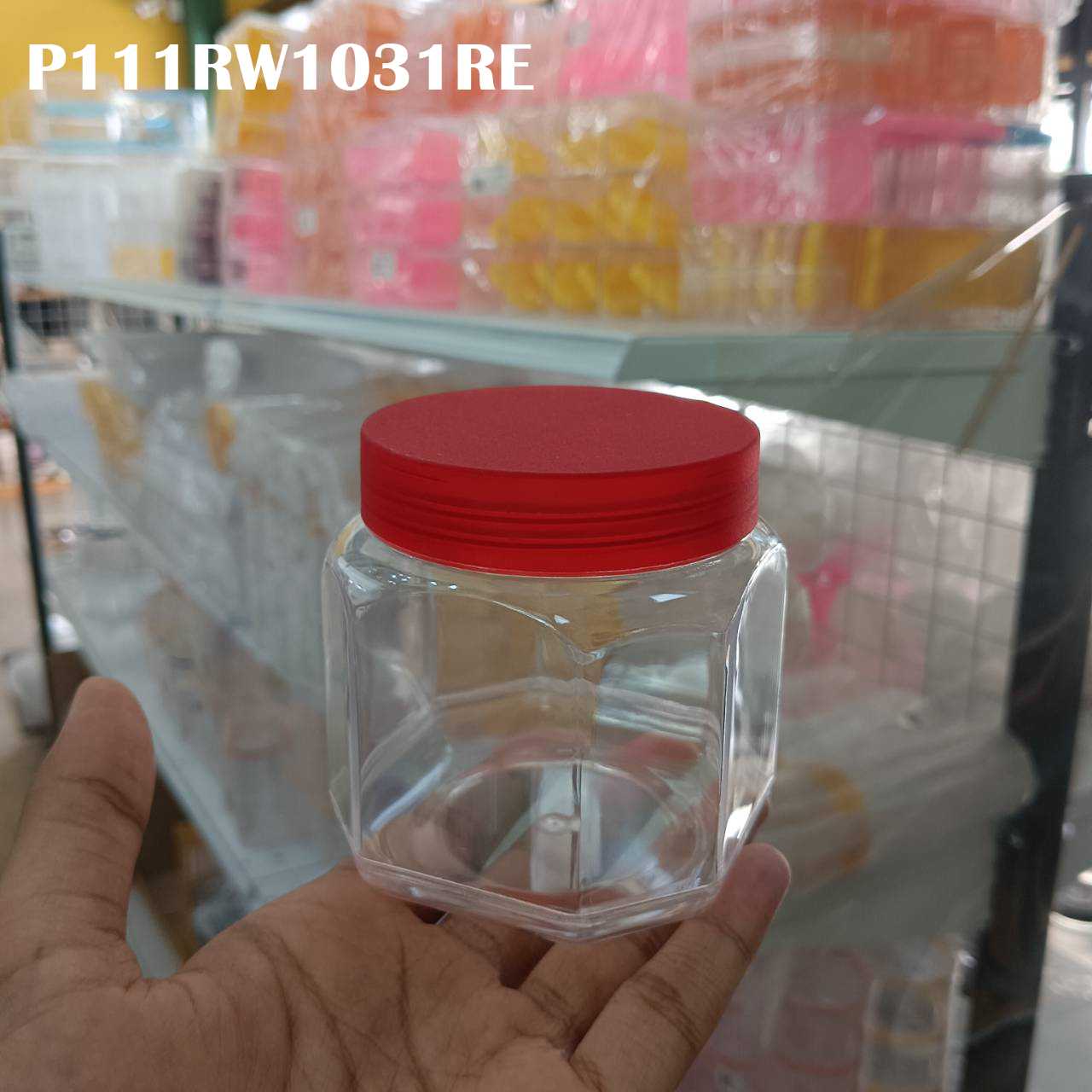 P111RW1031RE โหลแปดเหลี่ยมเล็ก ฝาแดง 400ML  ปลีก 1ใบ