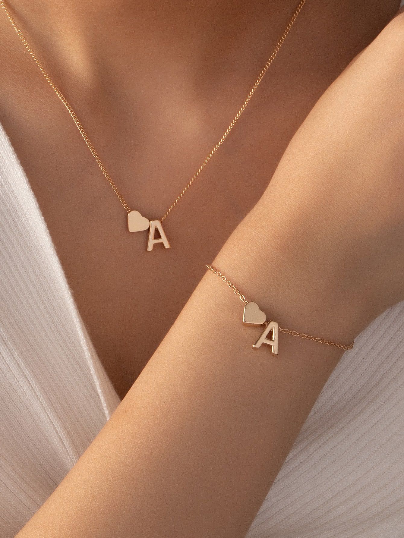 A-Z Gold Letter Heart Bracelet & Necklace set