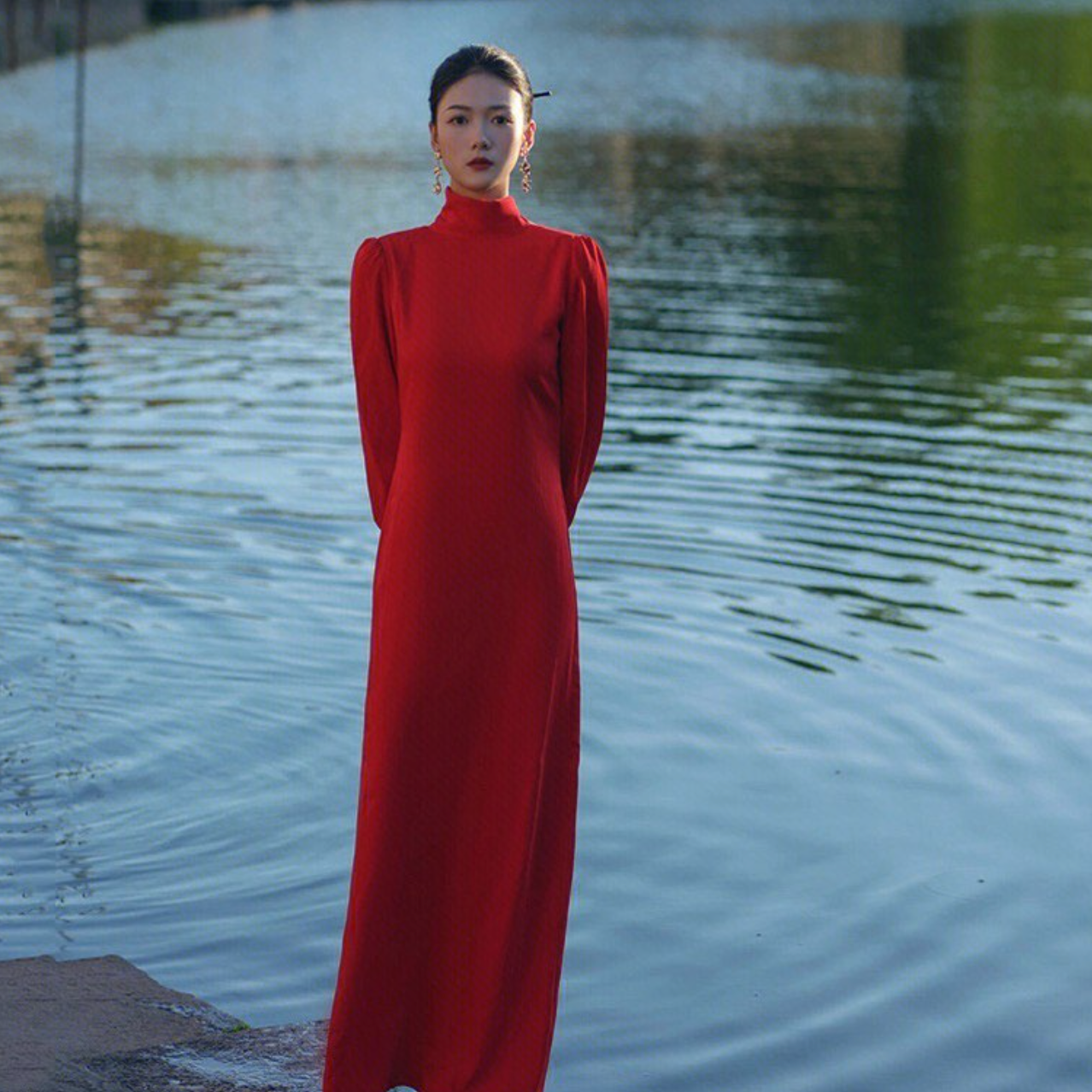 French red shirt long sleeve dress