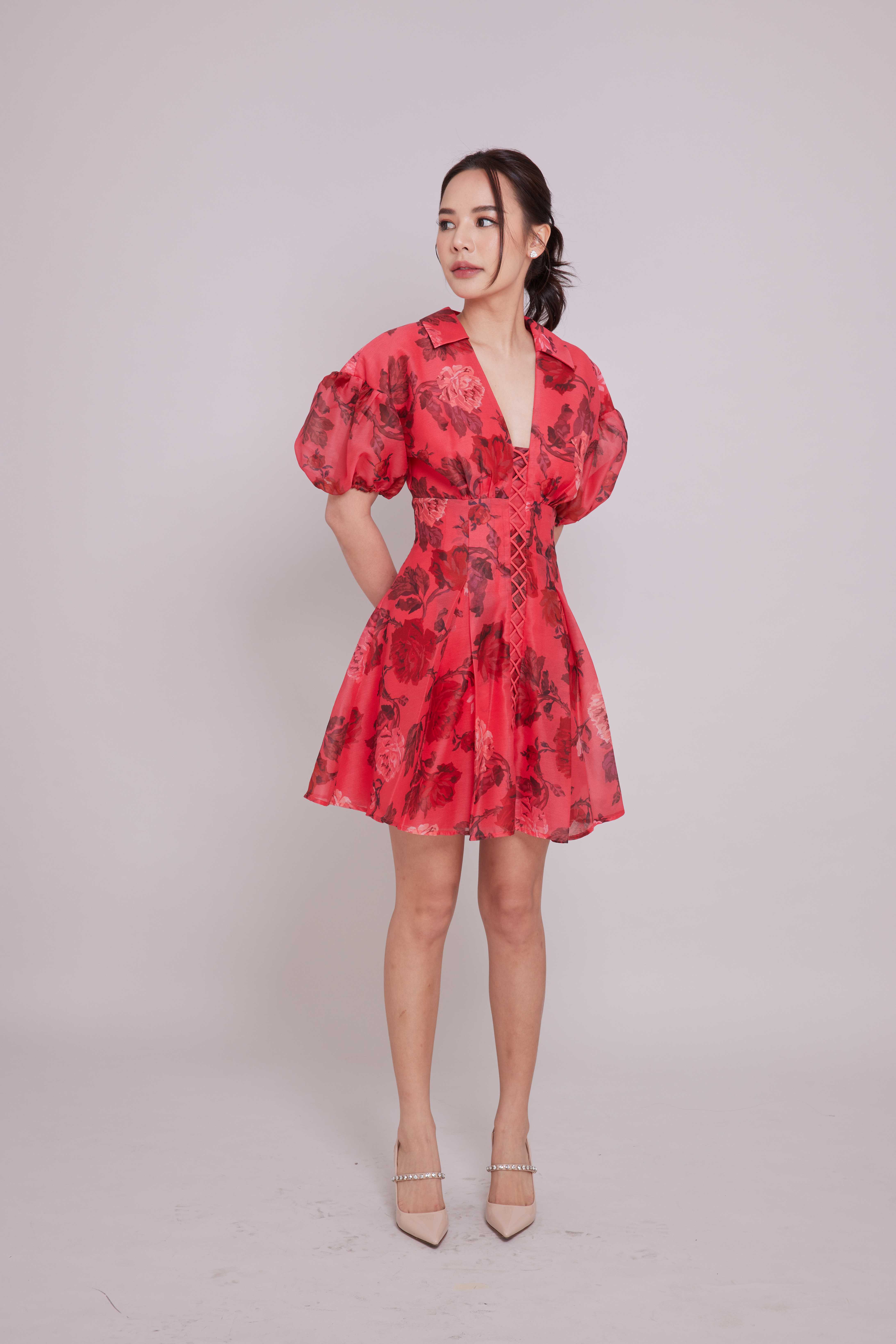 C meo collective variation short sleeve floral mini red dress LINE SHOPPING