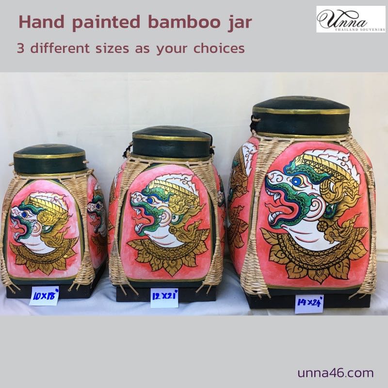 Set of 3 pieces hand-painted Thai literature Ramayana on bamboo containers งานพรีออร์เดอร์