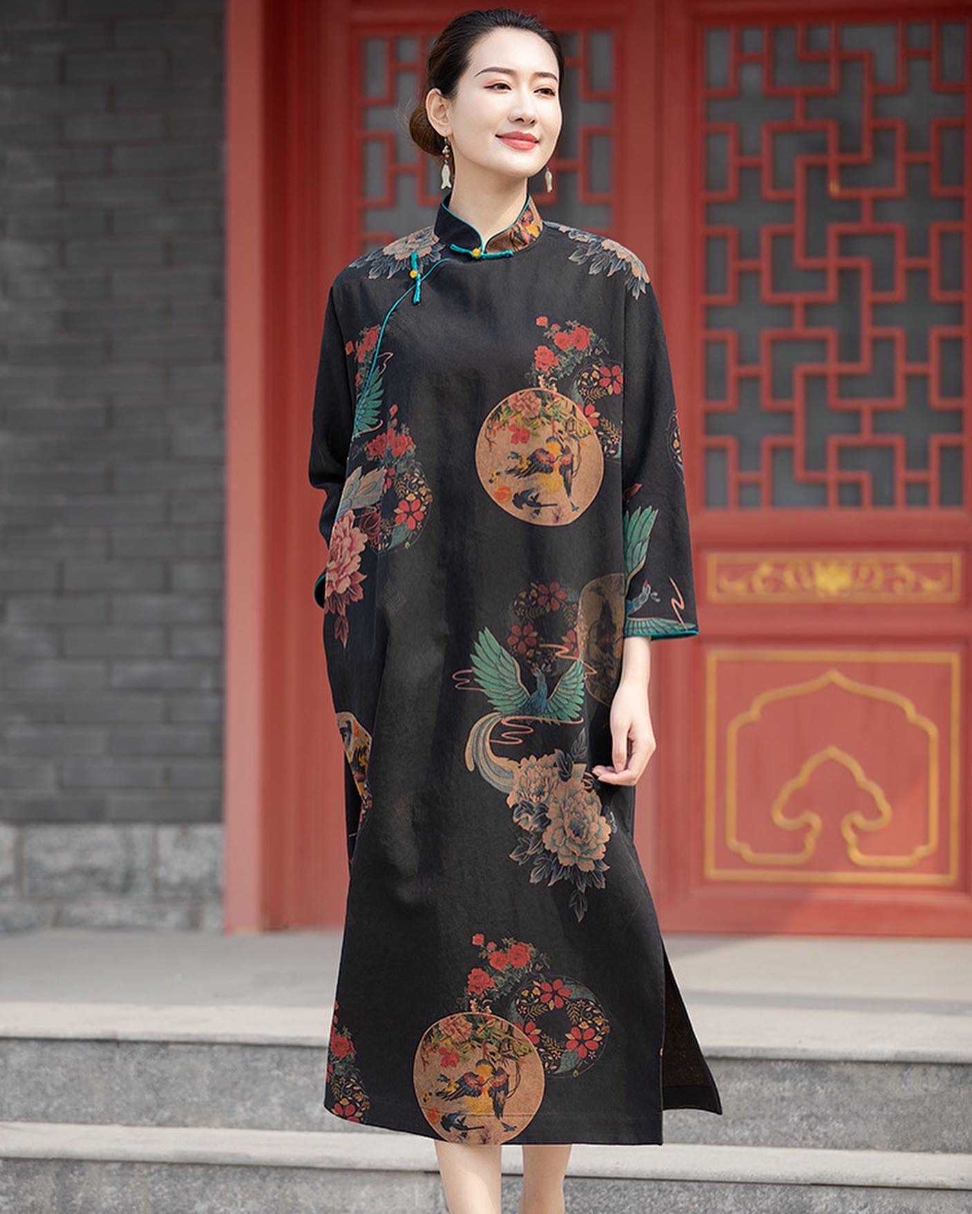 Original silk yun yarn dress Chinese stand collar loose literary long skirt