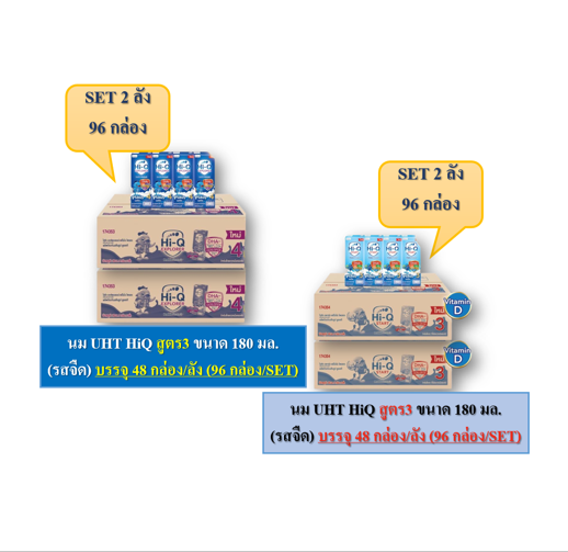 (SET 2 ลัง) นมUHT HIQ ขนาด180 มล. บรรจุ 48 กล่อง/ลัง (96กล่อง/SET) เลือกสูตร