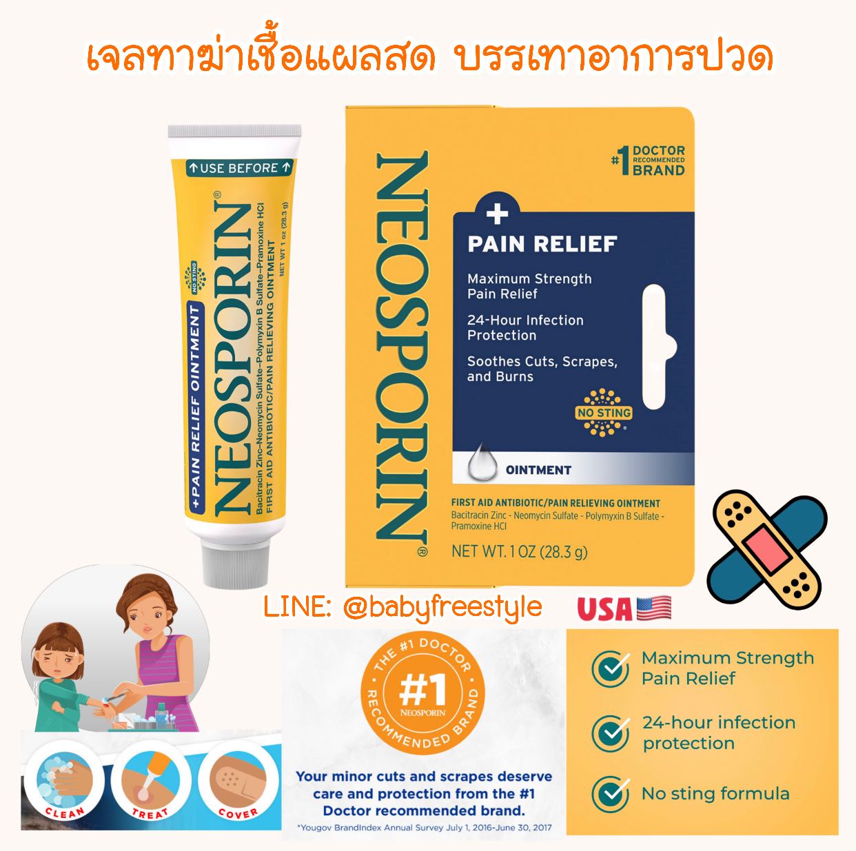 Neosporin First Aid Pain Relief Ointment เจลทาป้องกันการติดเชื้อ ช่วยลดอาการปวด ได้นาน 24 ชม.