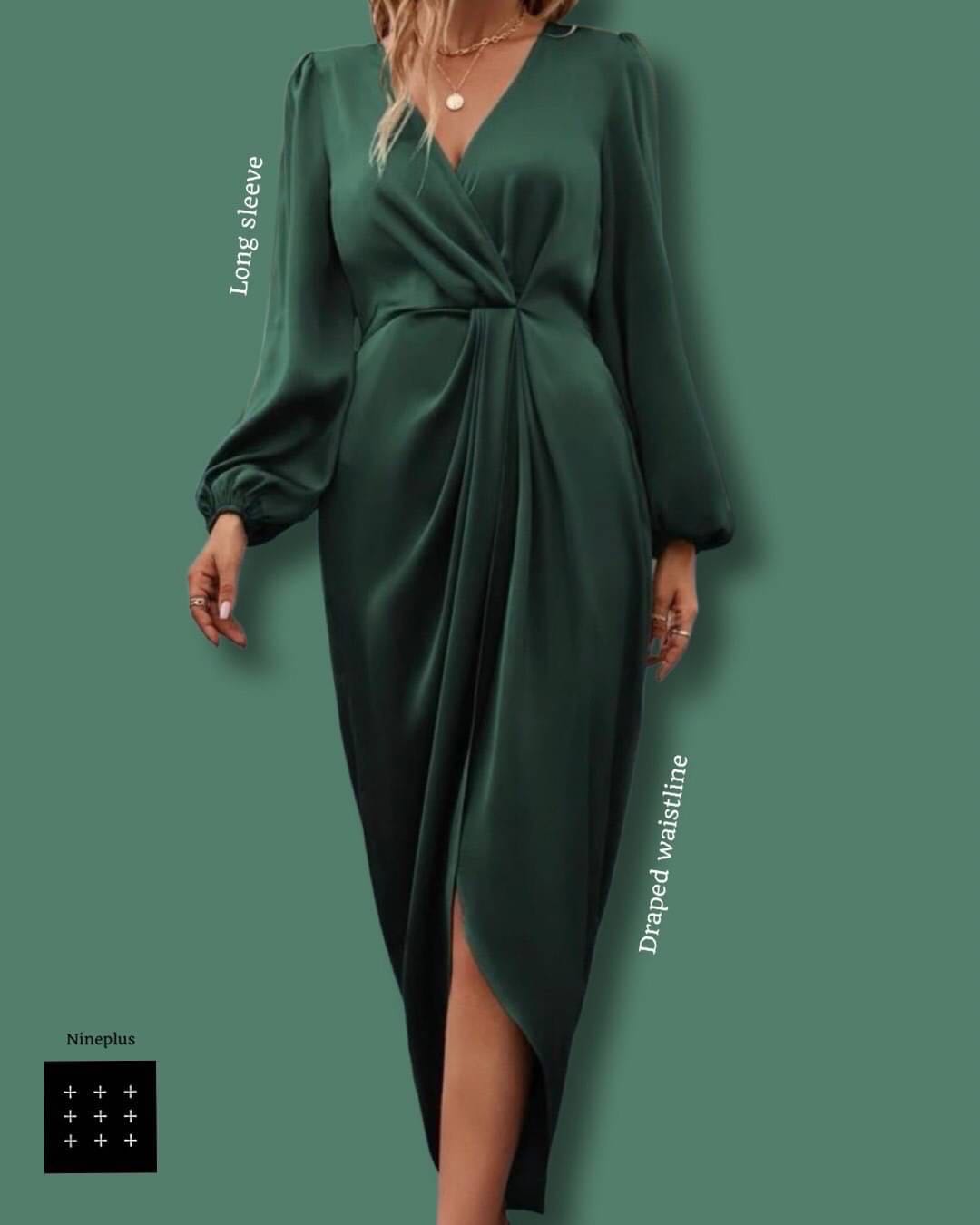 Twist front  long sleeve satin dress