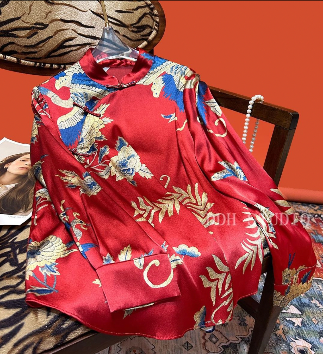 New Chinese style vintage phoenix silk print shirt