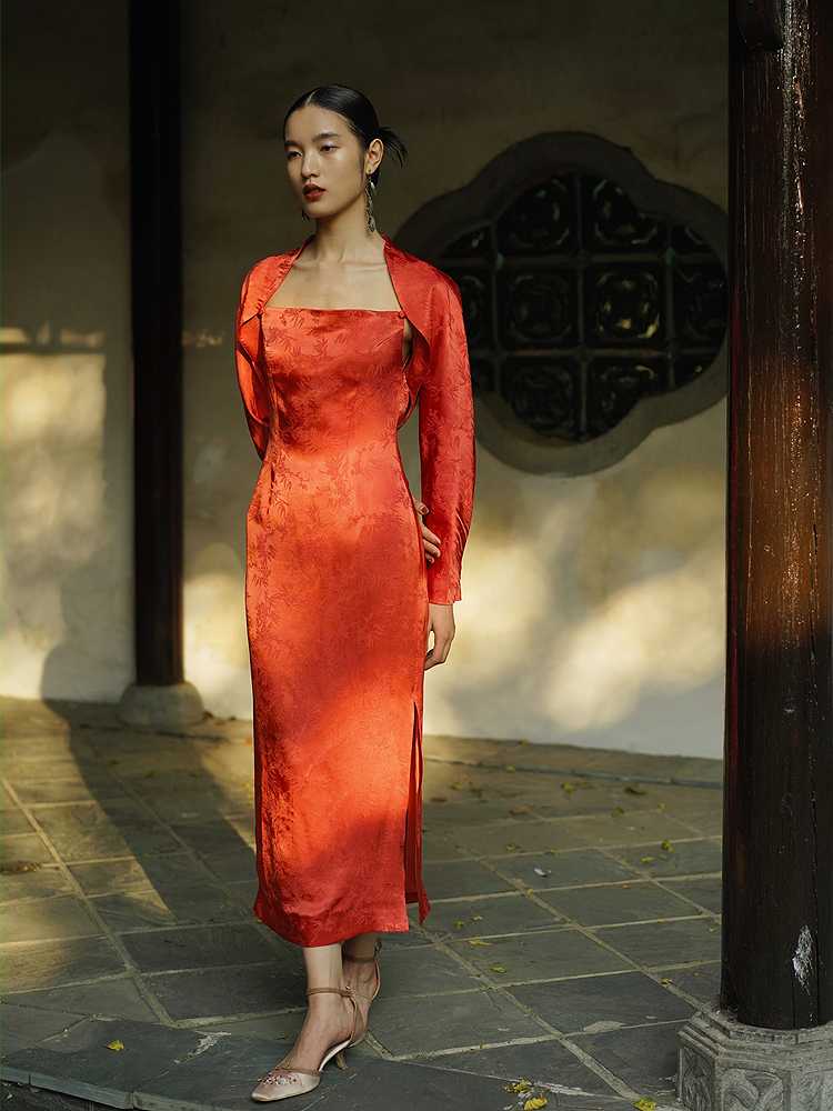 winter new original niche retro orange red new Chinese jacquard two-piece Xiuhe clothing