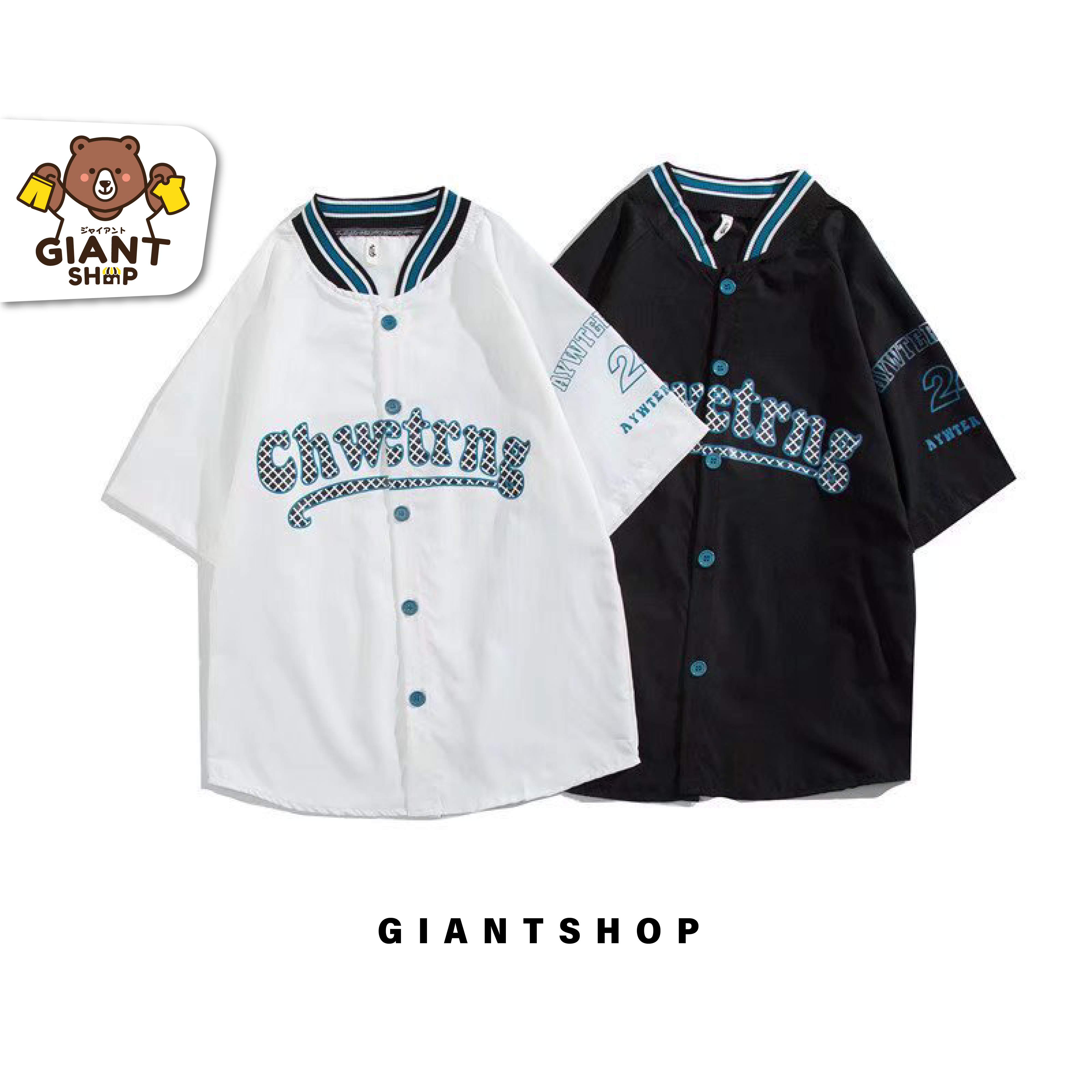 GIANTSHOP เสื้อ hip-hop แขนสั้น สไตล์อเมริกันเบสบอล 2 สี