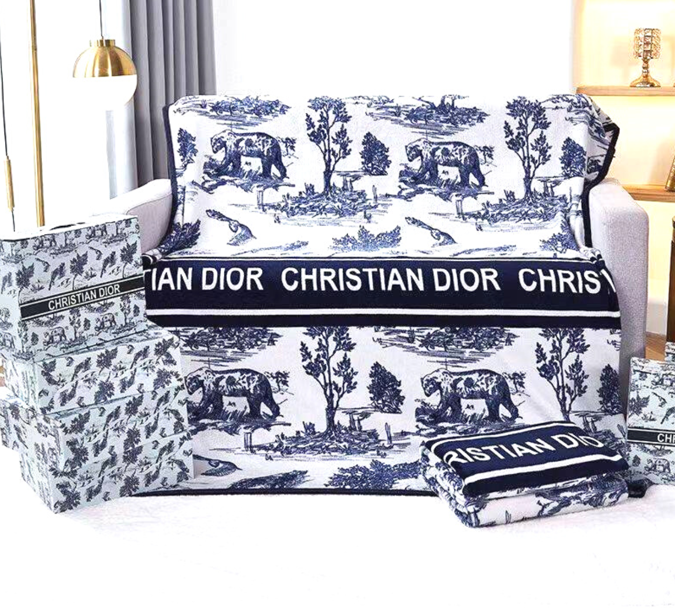 🛌ผ้าห่มDior🌟ลายป่า ขาวดำ