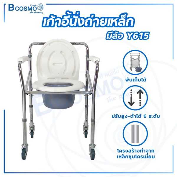 เก้าอี้นั่งถ่ายเหล็กมีล้อ วีลแชร์ เก้าอี้รถเข็น รุ่น Y615 ET0121