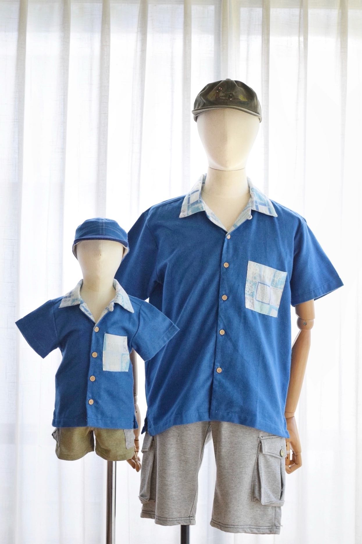 Family Set ชุดครอบครัว พ่อ และลูกชาย - ลาย Blue Paisley Patchwork 