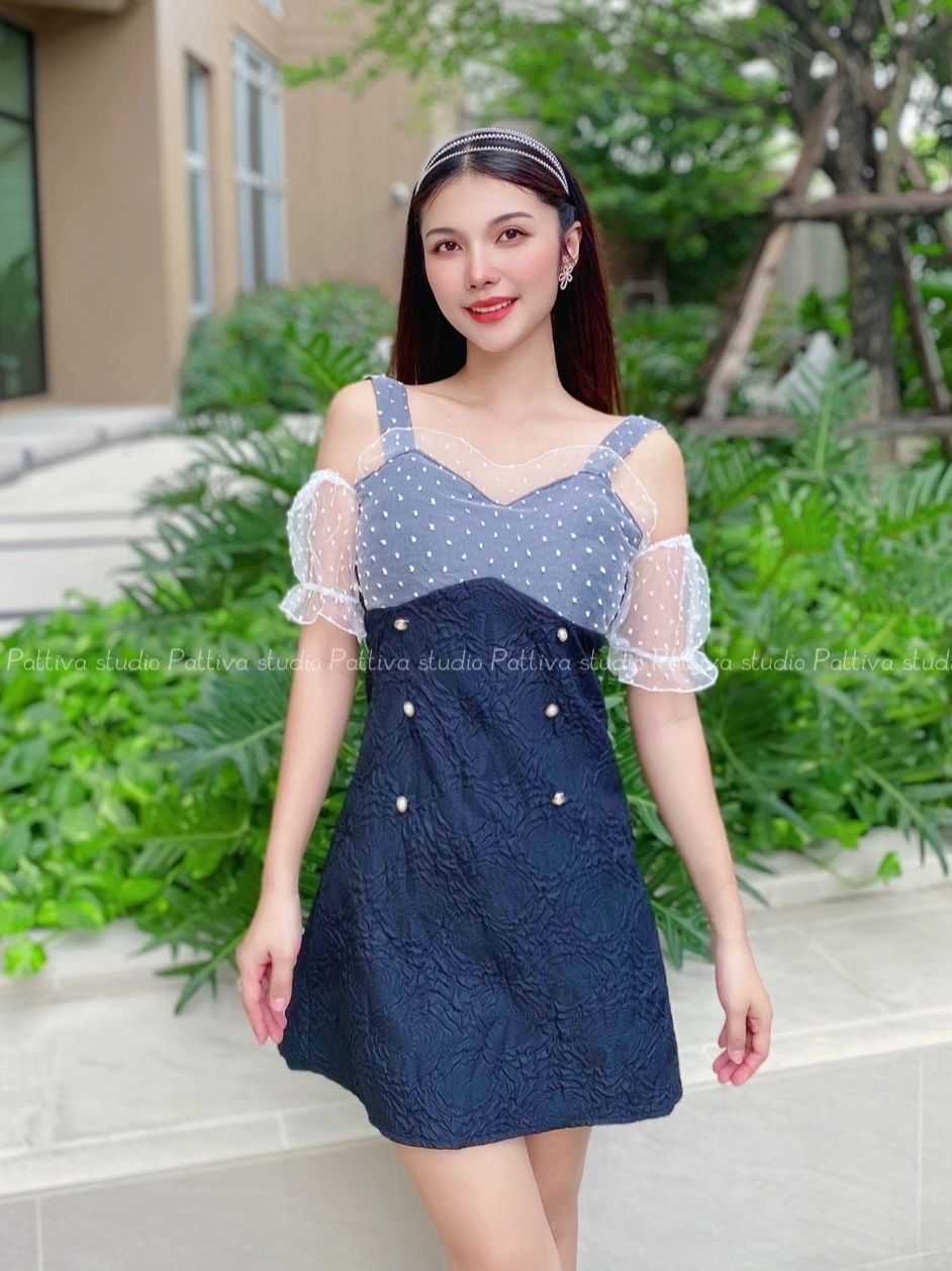 Dolly My Ap'sy dress#1P33 ชุดเดรสสายเดี่ยว ดีเทลแต่งผ้าตาข่าย ลายปอมๆ น่ารักม๊ากกด้านหลังมีซิปซ่อน