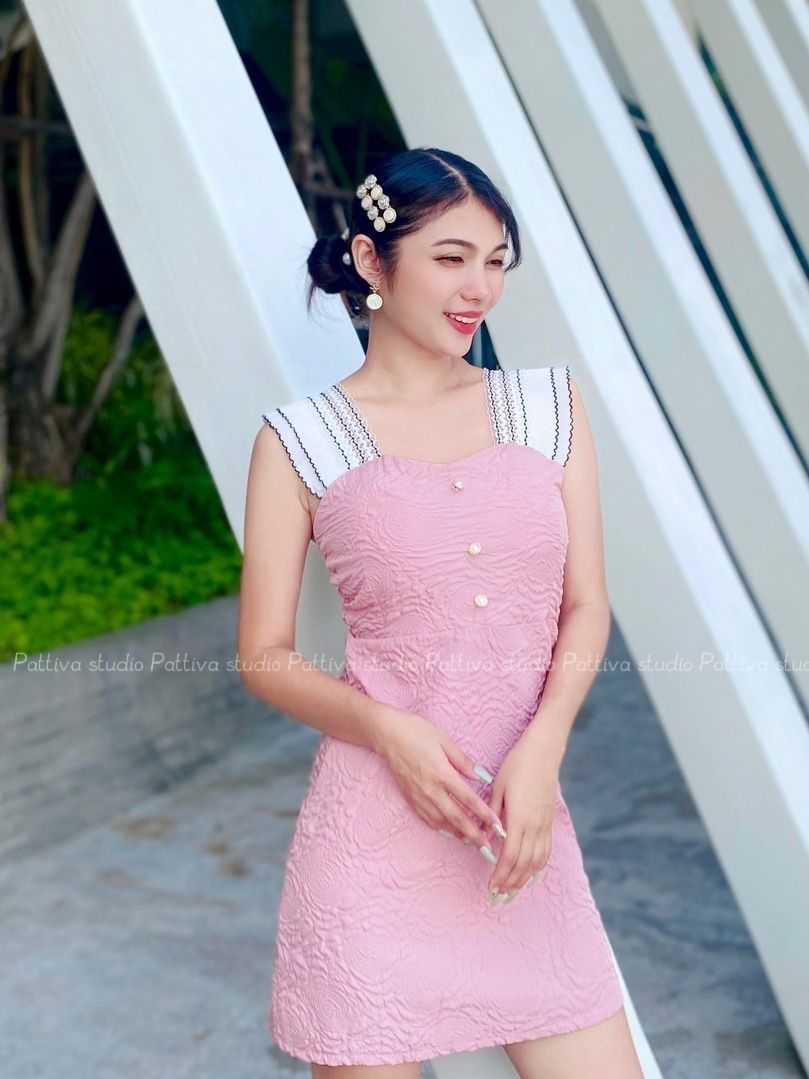 Dolly My Ap'sy Dress#1P13 ชุดเดรสสายเดี่ยวมีความยืดหยุ่นใส่แล้วกระชับไหล่ไม่ตกช่วงอกแต่งกระดุมไข่มุก