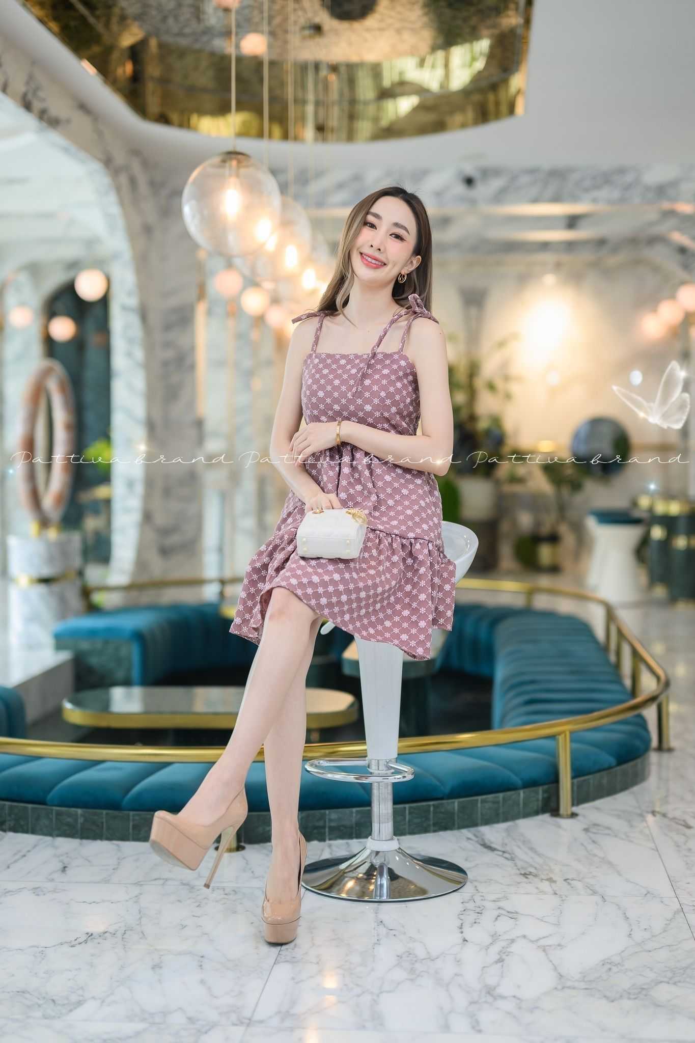Dolly My Ap'sy Dress#1411-1ชุดเดรสายเดี่ยว ผ้าJac quard เนื้อผ้าหรูมาก ชุดผูกได้สั้นยาวตามใจลูกค้า