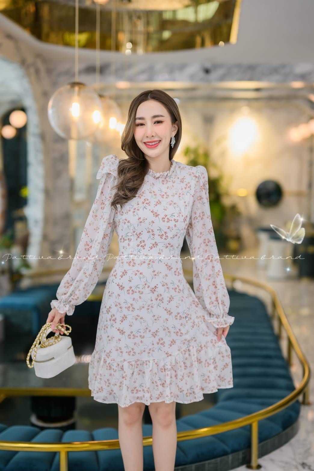 Dolly My Ap'sy Dress#1344 ชุดเดรสรุ่นแม่อั้ม สวยจนใจเจ็บ คอจับจีบตั้ง ปังมากก แขนยาว จั้มปลายแขน