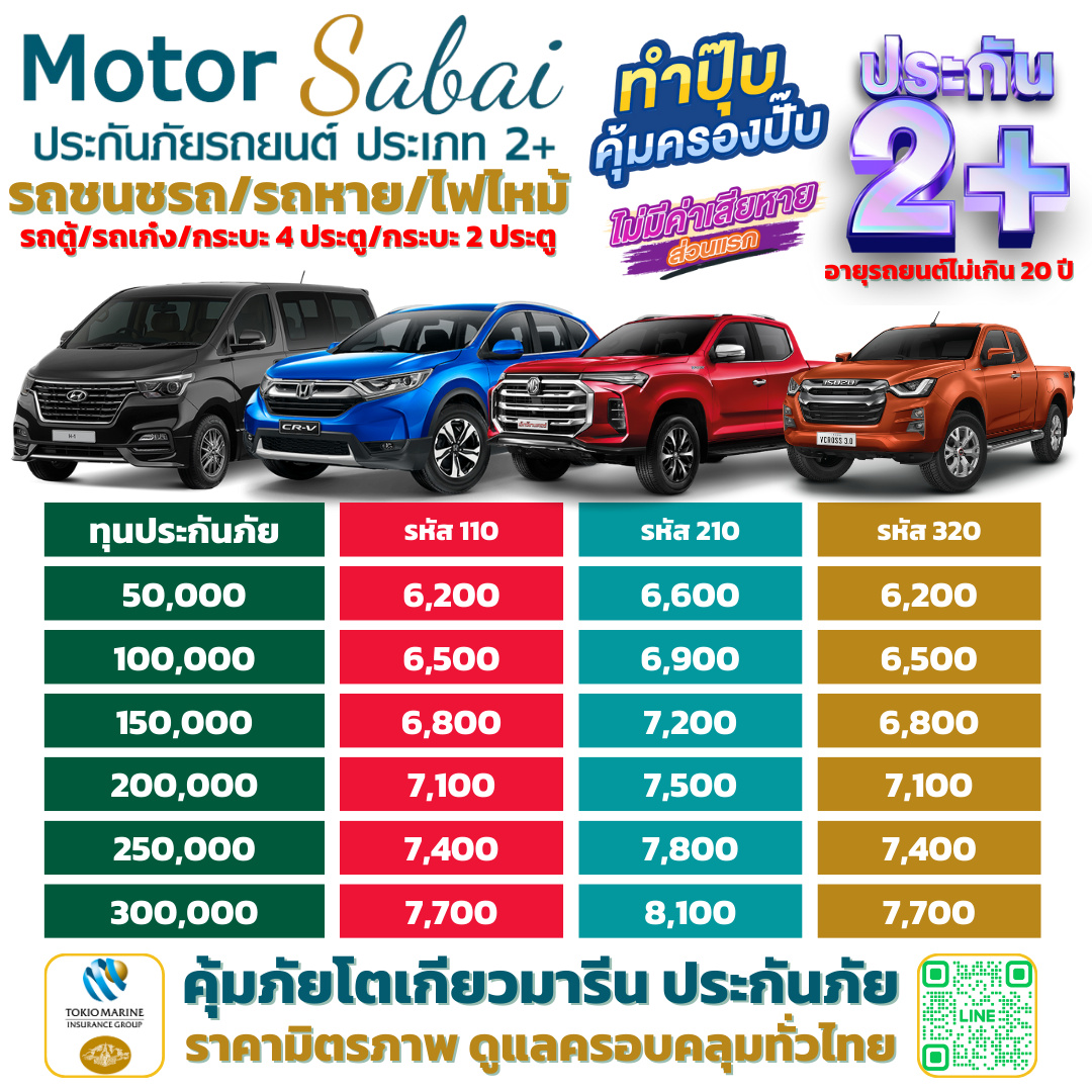 ประกันภัยรถยนต์ 2+  รถตู้, รถเก๋ง, กระบะ 4 ประตู และ กระบะ 2 ประตู ซ่อมเขาซ่อมเรา และรถหายไฟไหม้