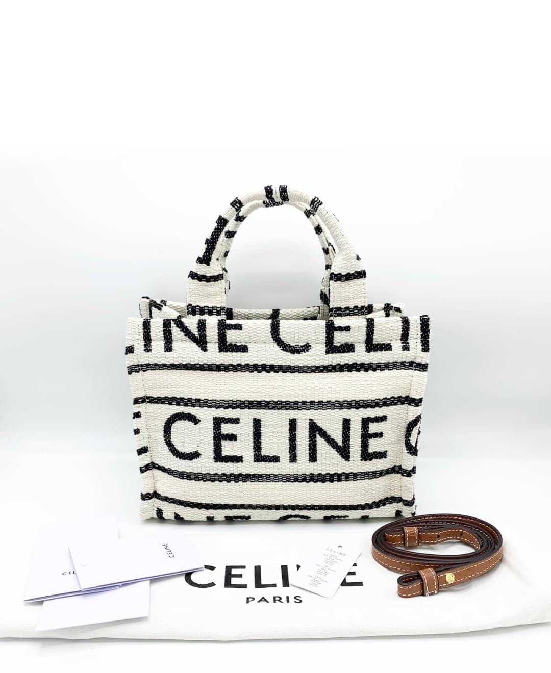 CELINE SMALL CABAS THAIS IN TEXTILE WITH CELINE ALL-OVER WHITE / BLACK กระเป๋าซีลีน