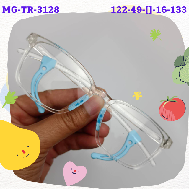 แว่นเด็ก MG-TR-3128 แว่นกรองแสงสีฟ้า ออกแดดเปลี่ยนสี มีค่าสายตา มีขอเกี่ยวหูกันหรุด