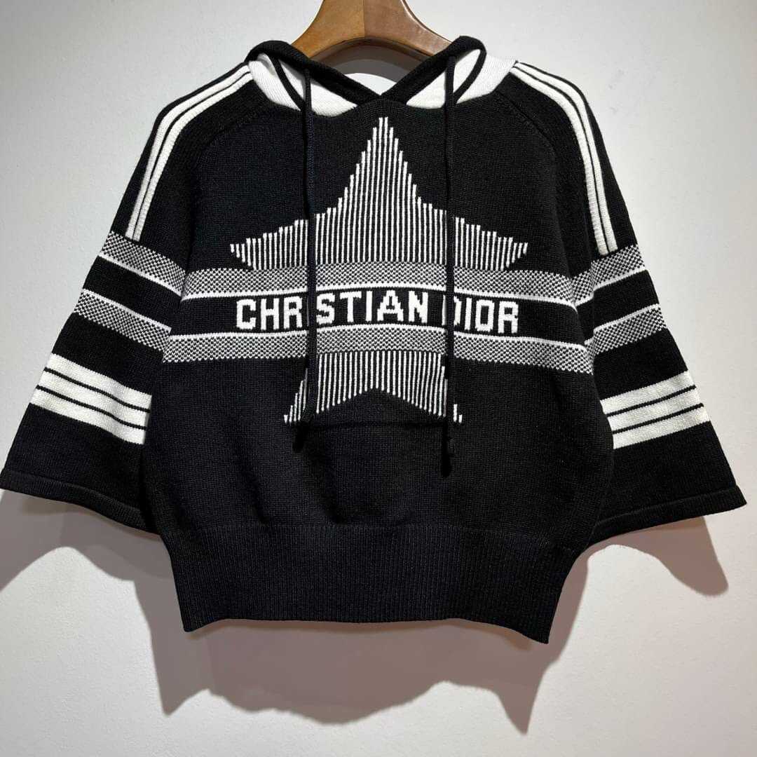 CHRISTIAN DIORALPS 3/4 SLEEVE HOODED SWEATER WOOL CASHMERE-BLEND JERSEY DIOR STAR MOTIF