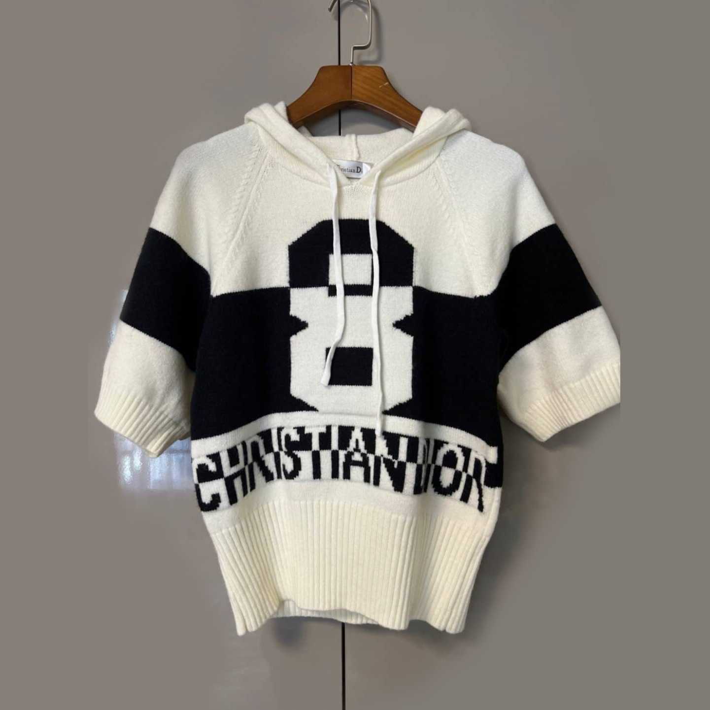 CHRISTIAN DIOR NO.8 STRIPE WOMEN THREE-QUARTER SLEEVE HOODED SWEATER WOOL KNIT WITH SIGNATURE
