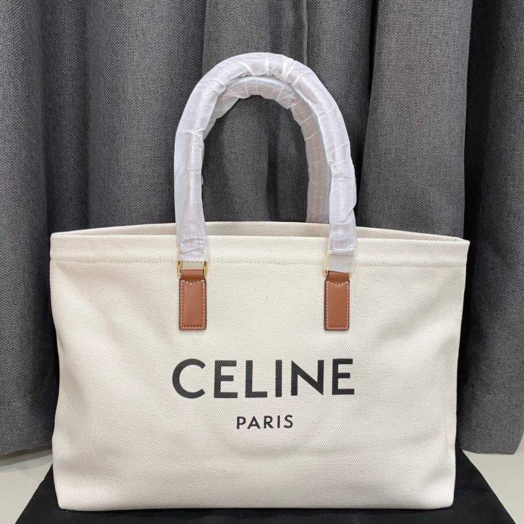 CELINE HORIZONTAL CABAS IN CANVAS WITH CELINE PARIS CLASSIC LOGO PRINT AND CALFSKIN TOTE BAG