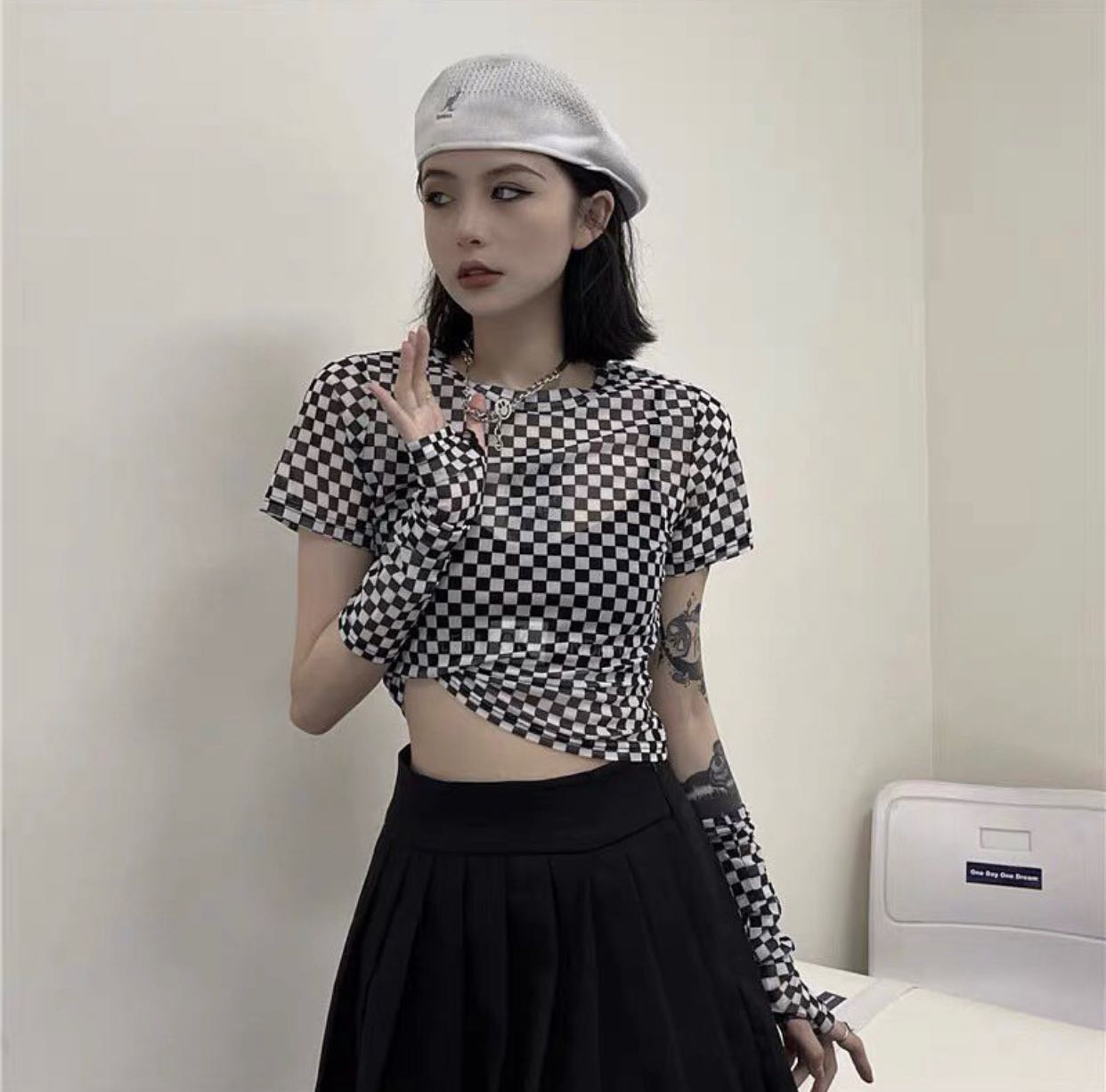 พร้อมส่ง🖤[H1]เสื้อซีทรูหมากรุก+ปลอกแขน