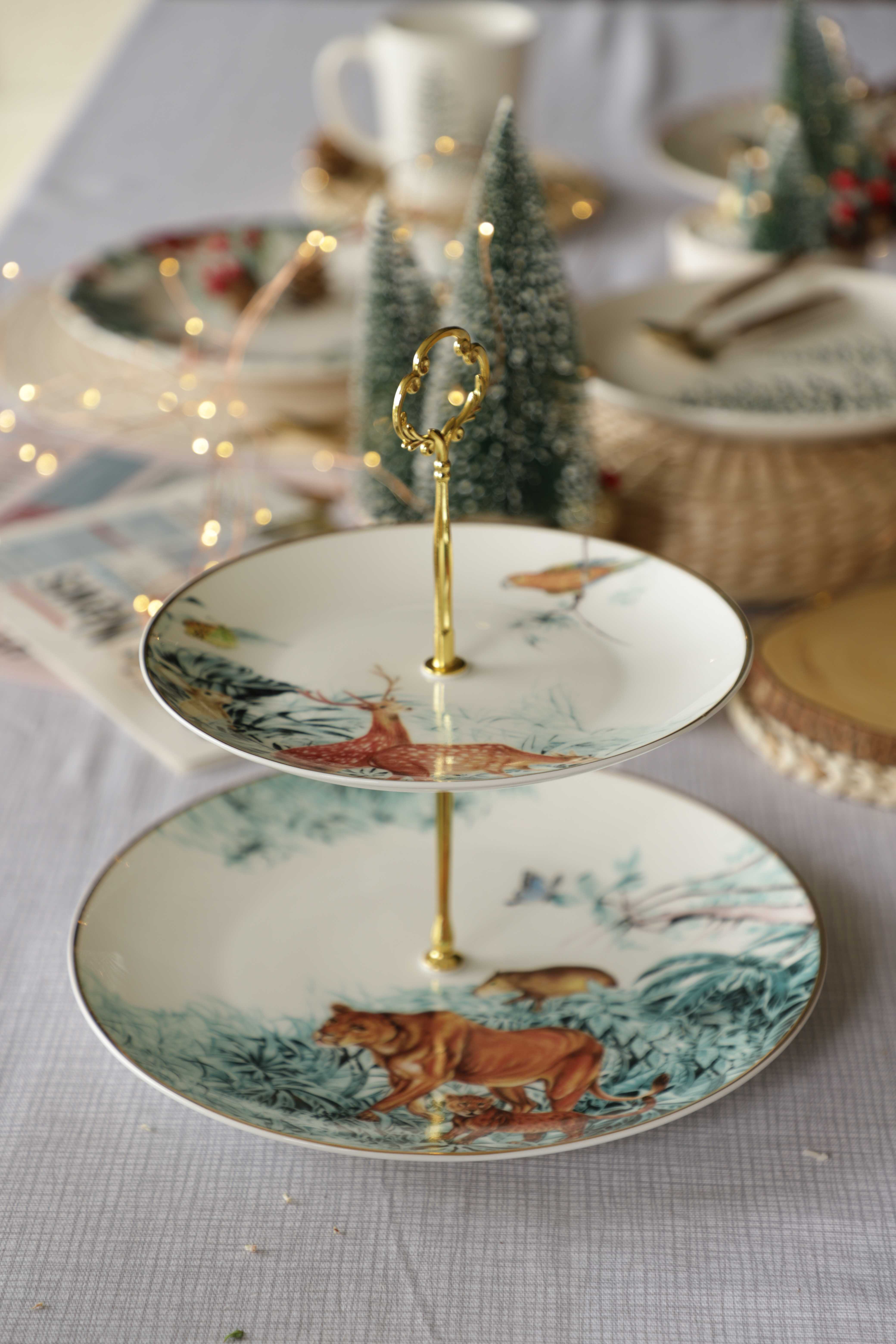 Tropical Collection - 2 Tier Cake Stand จาน 2 ชั้นก้านทอง จานขนาด 8 และ 10 นิ้ว