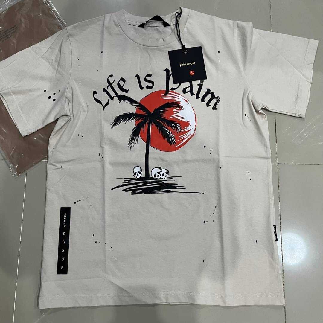 PALM ANGELS LIFE IS PALM PALM TREE PRINT COTTON JERSEY T-SHIRT OFF WHITE เสื้อปาล์มแองเจิล