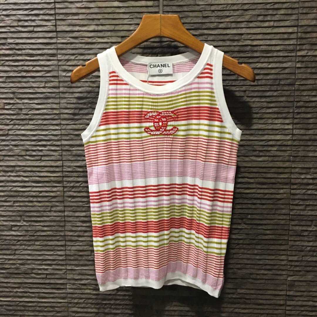 CHANEL CC LOGO STRIPE KNITTED STRETCHY VEST CROP TOP MULTICOLOR SWEATER เสื้อกล้ามแขนกุด ชาแนล