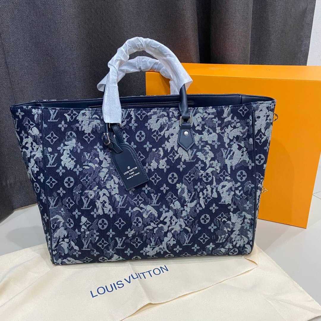 LOUIS VUITTON LV GRAND SAC TOTE BAG IN DENIM CLASSIC MONOGRAM TAPESTRY COATED CANVAS