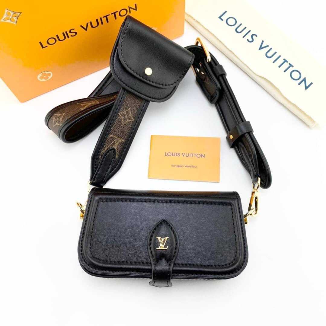 LOUIS VUITTON OFFICIER POUCH BLACK LEATHER BROWN MONOGRAM STRAP CROSSBODY BAG