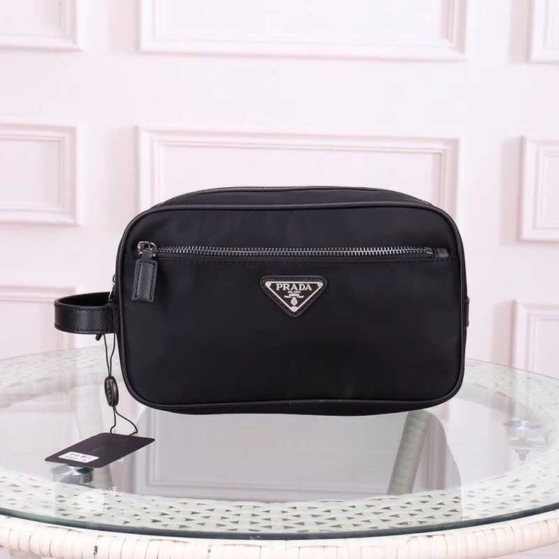 PRADA NYLON POUCH WITH LEATHER DETAILS BLACK BAG กระเป๋าปราด้า
