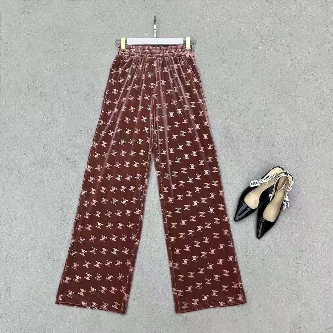 CELINE TRIOMPHE ALL OVER LOGO PRINT VELVET PANTS กางเกงขายาว ทรงกระบอกใหญ่ เอวสูง เอวยางยืด ซีลีน