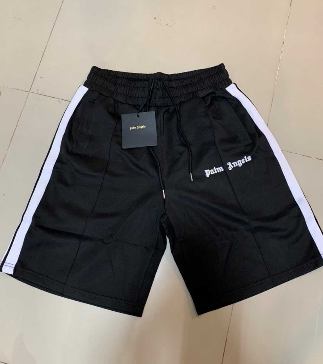 PALM ANGELS LOGO PRINT SIDE STRIPE JERSEY TRACK SHORTS SWEATPANTS IN BLACK กางเกงขาสั้นเอวยางยืด