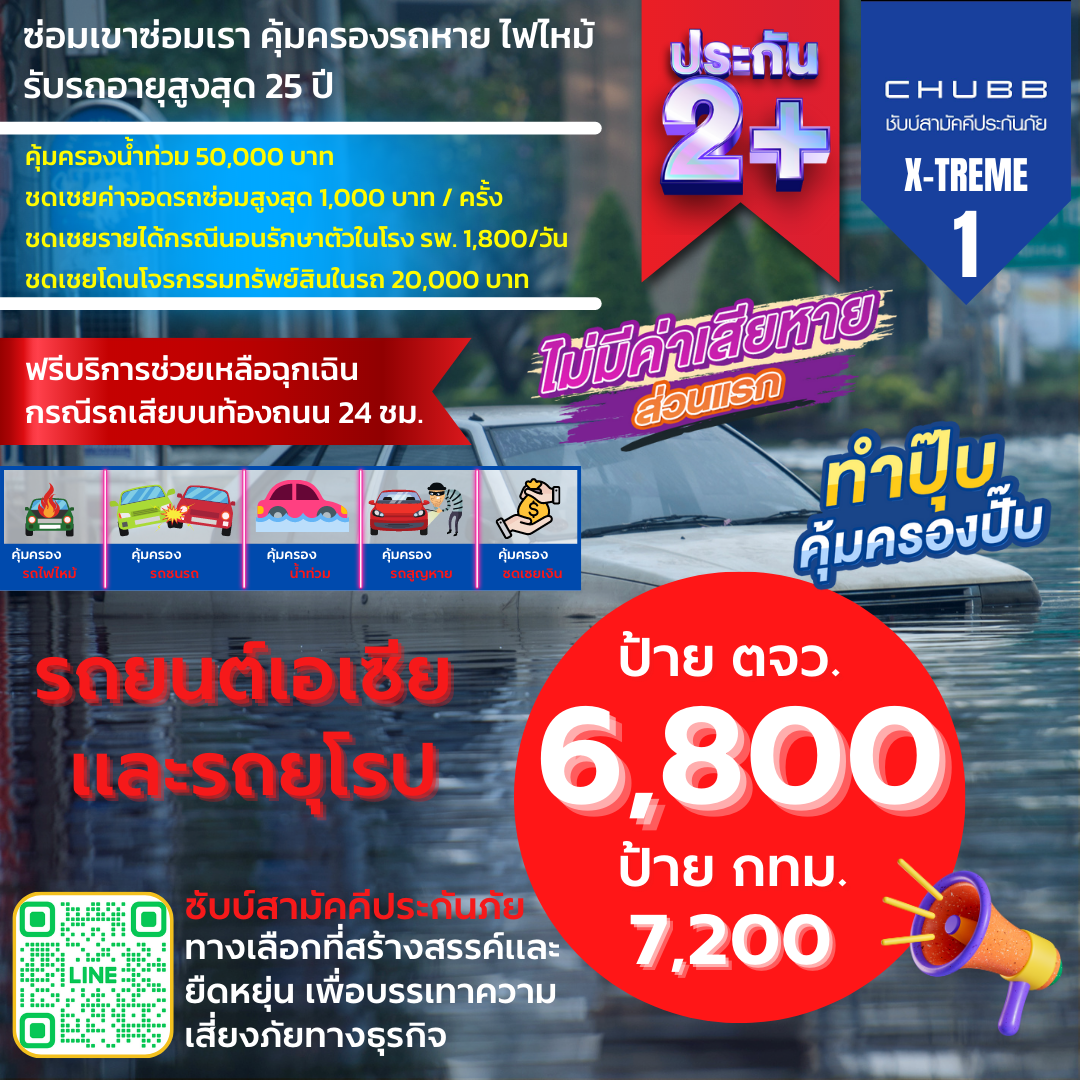 ประกัน 2+ X-TREME 1 จากชับบ์สามัคคีประกันภัย คุ้มครองรถชนรถ รถหาย ไฟไหม้ น้ำท่วม ชดเชยเงินรายวัน