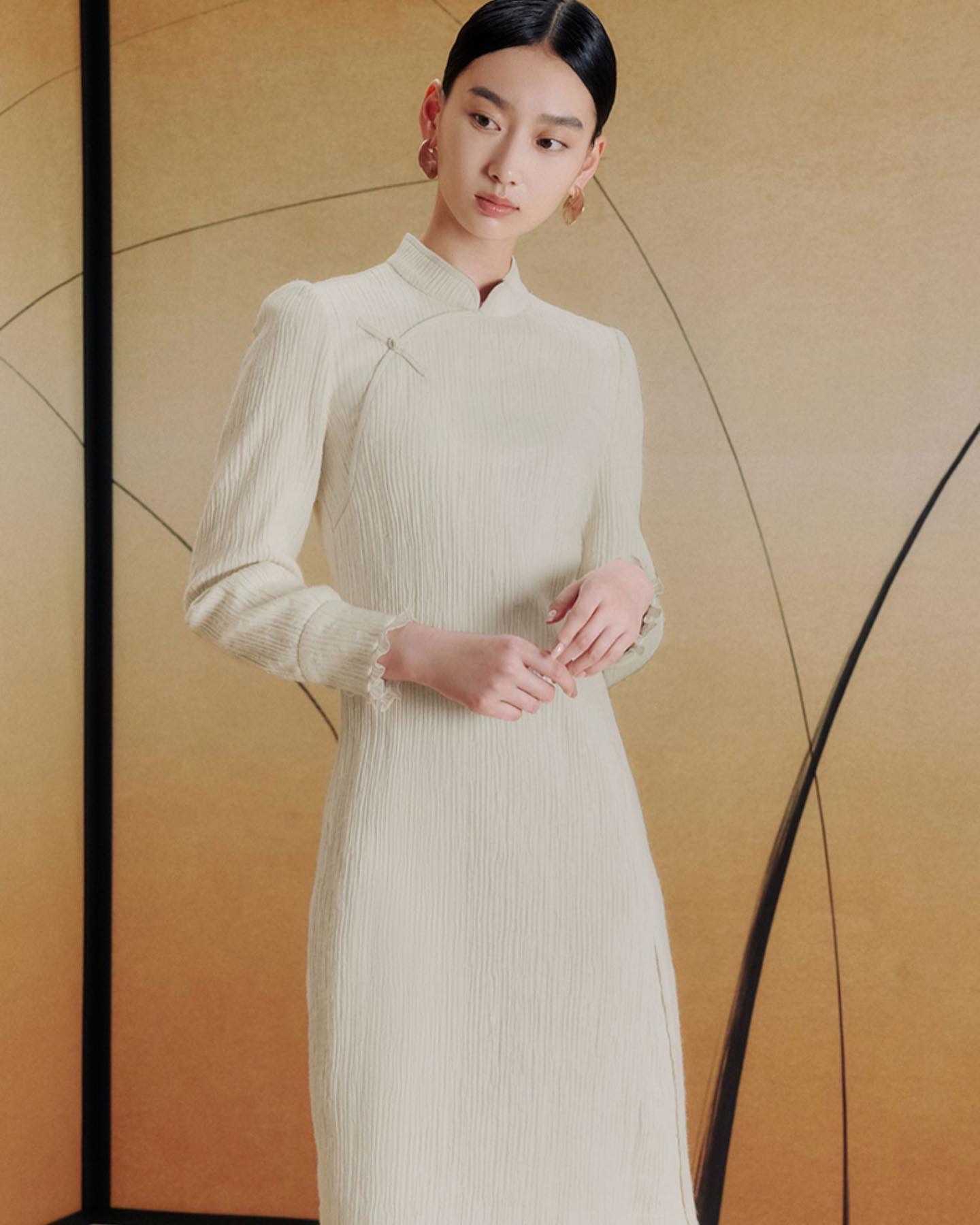 Floral deep Chinese style midi cheongsam wool knitted dress