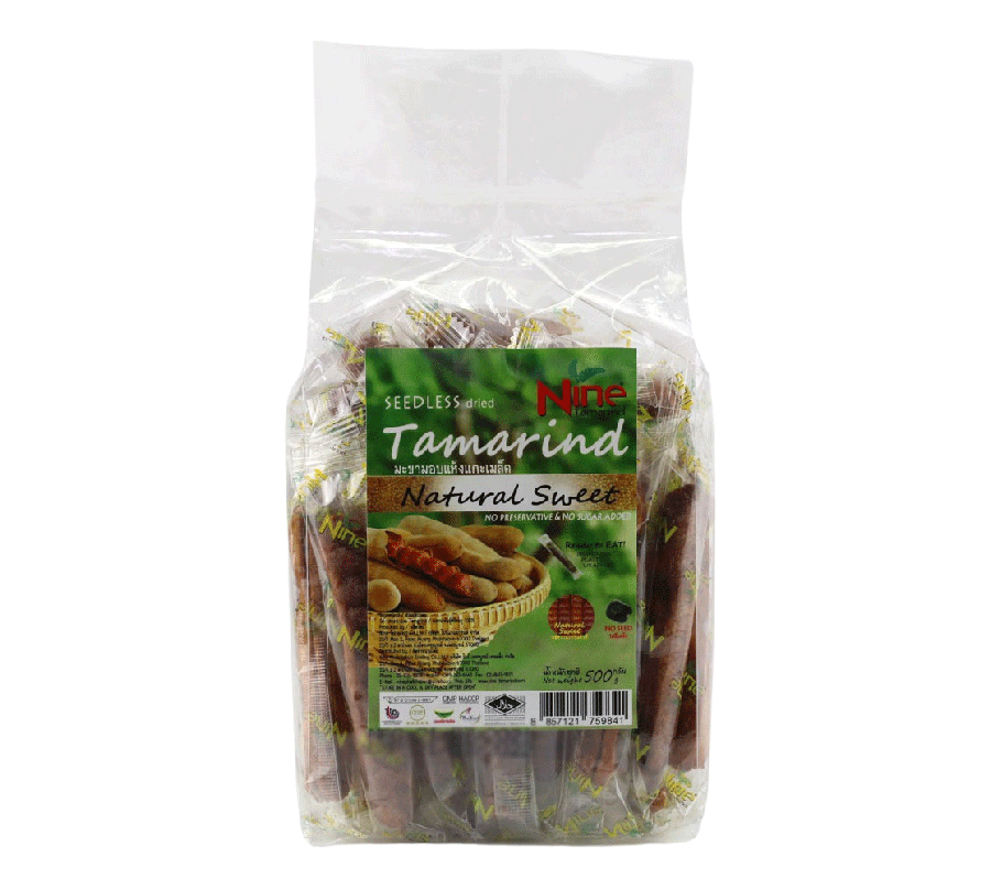 มะขามอบแห้งแกะเมล็ดรสธรรมชาติถุงแก้ว 500g Nine Tamarind