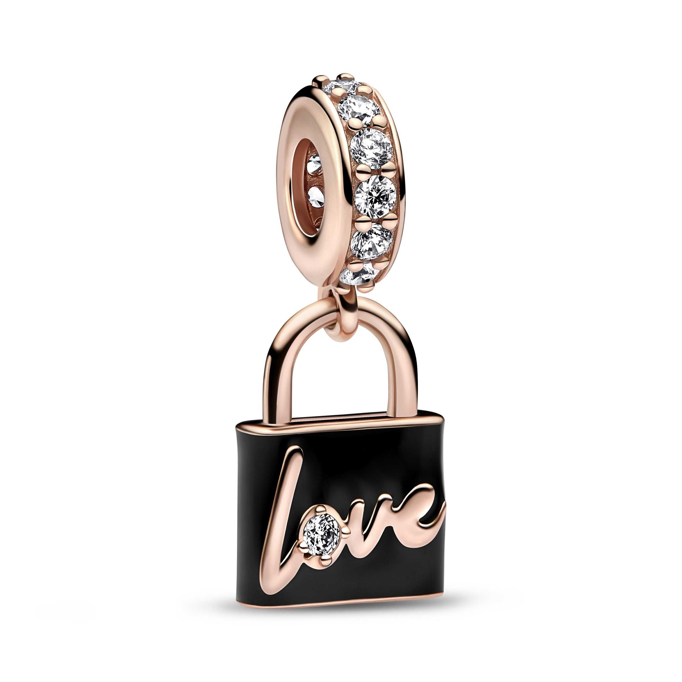 Padlock 14k rose gold-plated dangle with clear cubic zirconia and black enamel