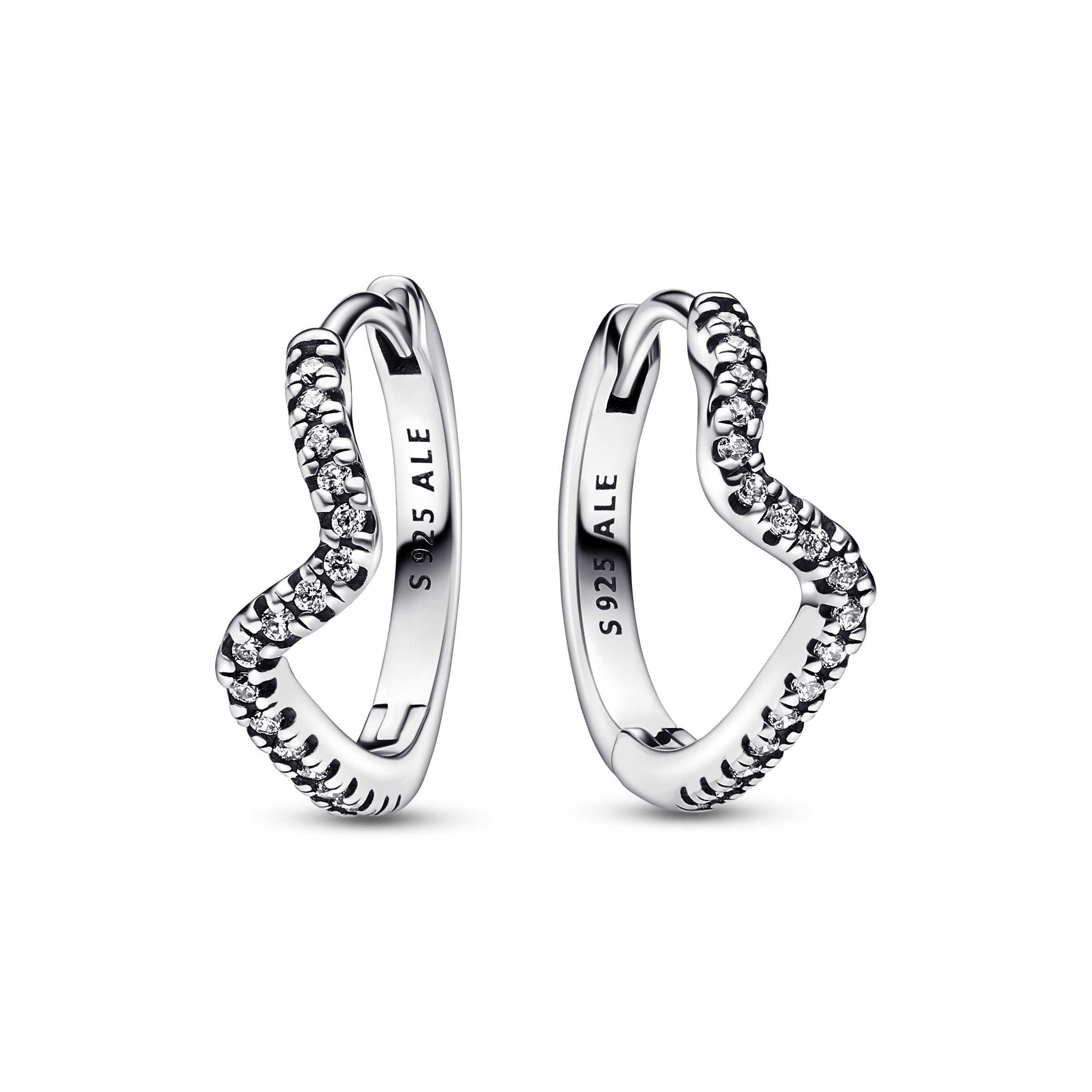 Wave sterling silver hoop earrings with clear cubic zirconia