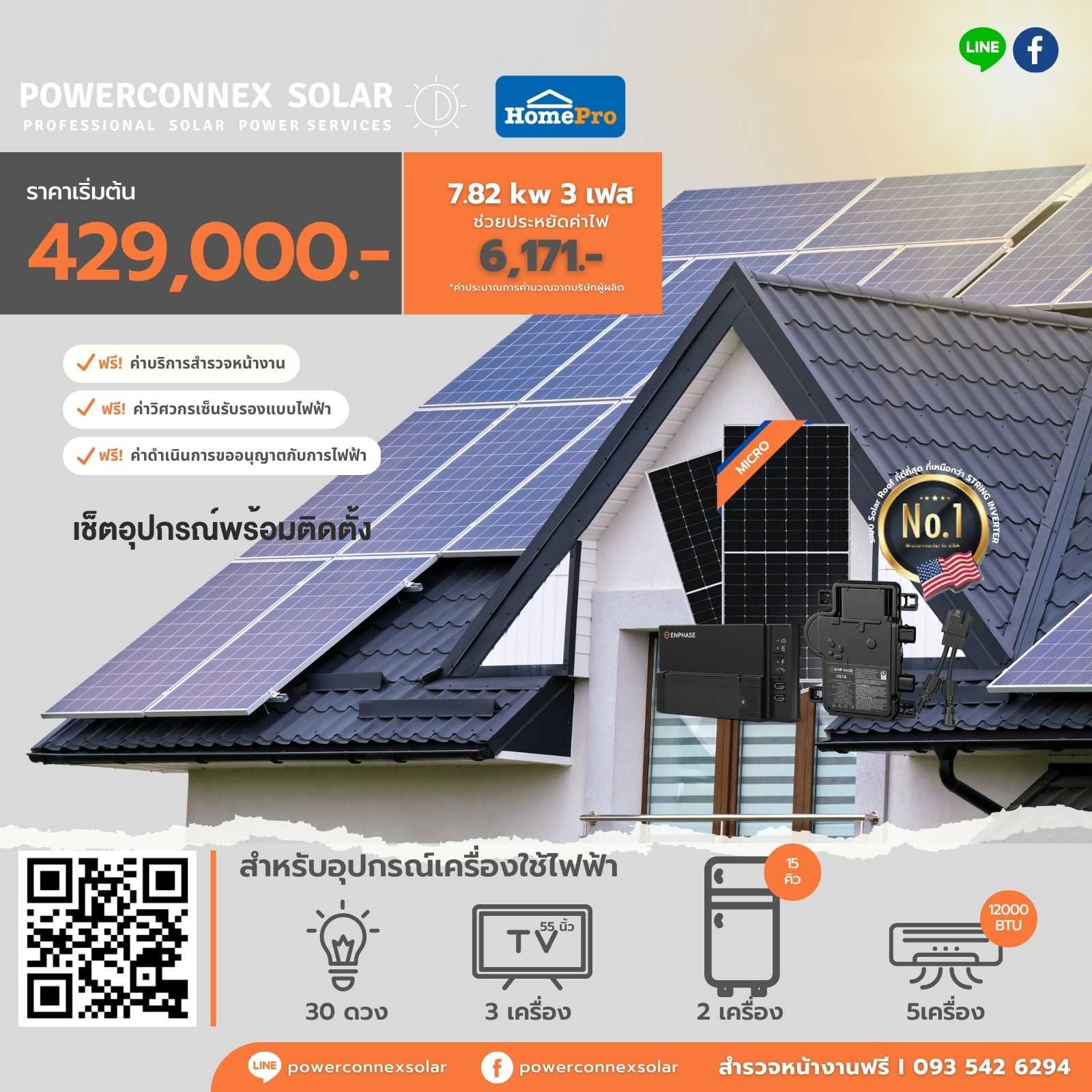 ชุดโซลาร์รูฟท็อป PowerConneX  Solar Cell Micro Inverter 7.82kWp / 3P