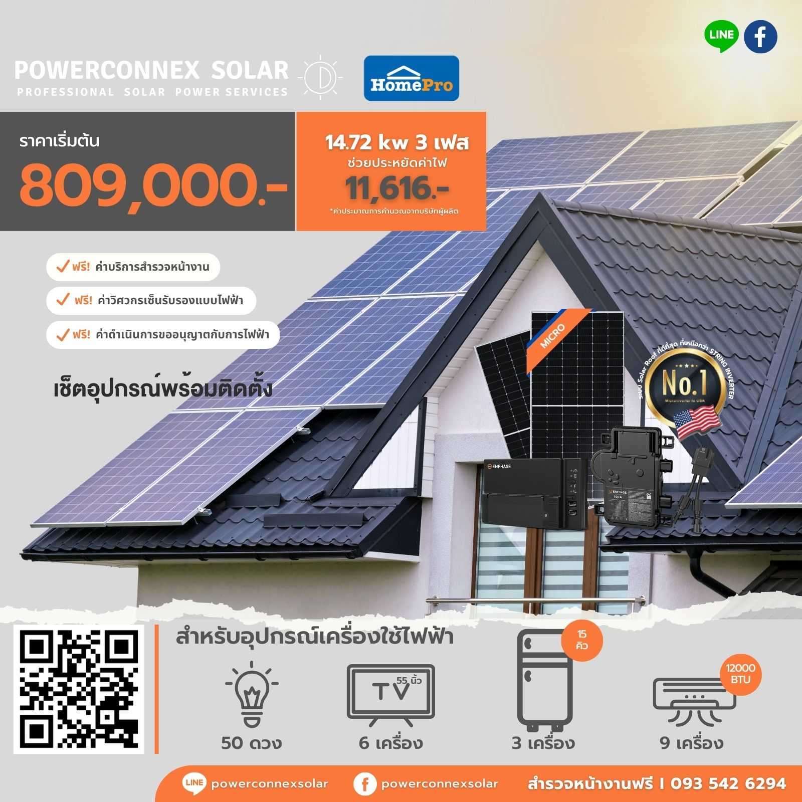 ชุดโซลาร์รูฟท็อป PowerConneX  Solar Cell Micro Inverter 14.72kWp / 3P